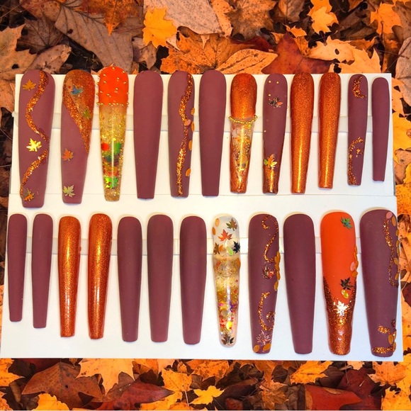 Handmade Custom Press on Nails UVGel 3X Long Coffin Aquarium Fall Matte … - Picture 1 of 13